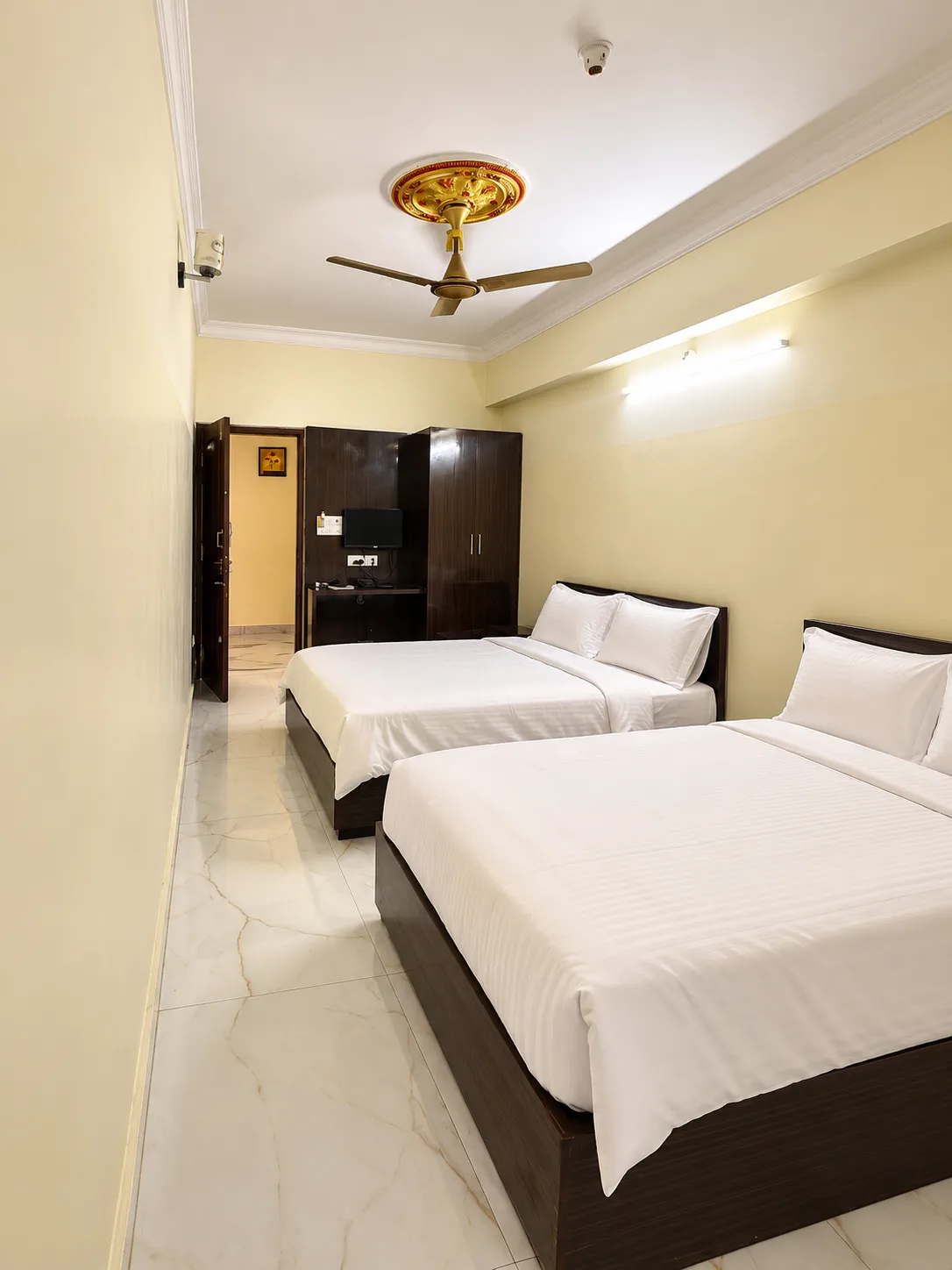 Warm Modern Hotel Room with Twin Beds